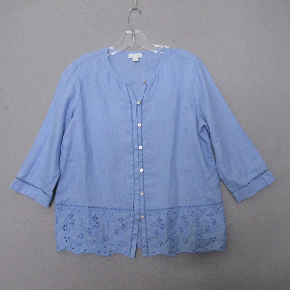 J Jill Love Linen Top Blue Eyelet Hem Coastal Boho Button Cottage Core‎ Romantic